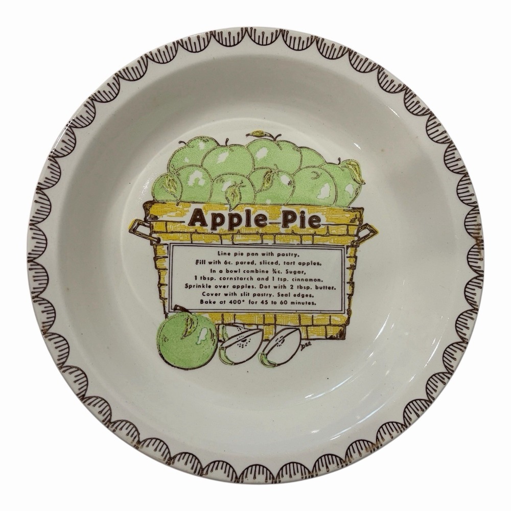 Vtg USA Ceramic Apple Pie Dish Recipe Plate Green 10" Grandma Cottage Core